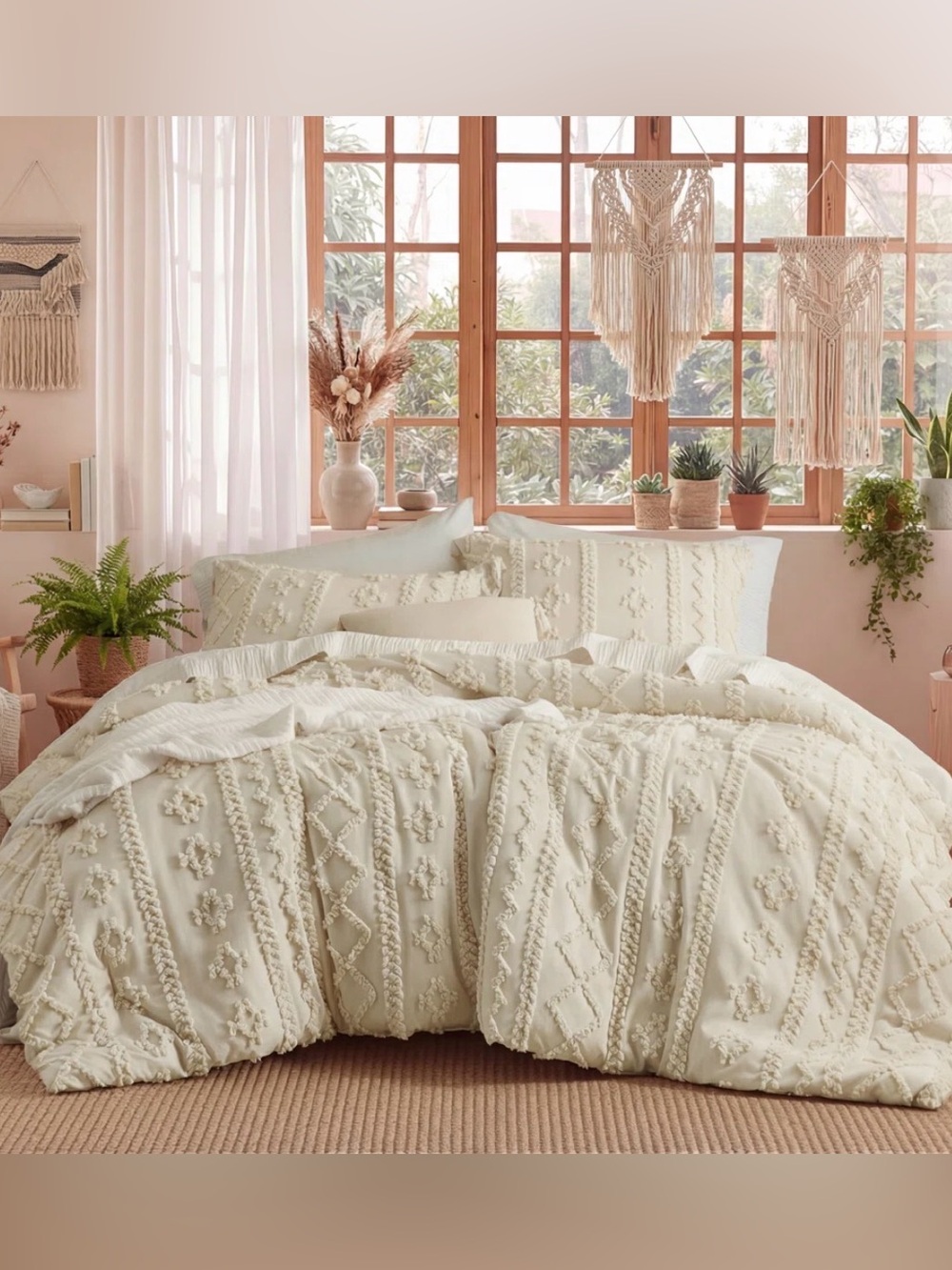 Cream Tufted Boho Comforter Set MSRP $350- Textured Cozy Bedding NEW IN BOX